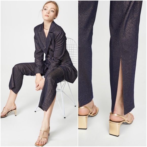 C/MEO‎ 70s Navy Met­al­lic Shimmer Ultra High Waist Slim Ankle Slit Trousers 4 - Picture 7 of 11